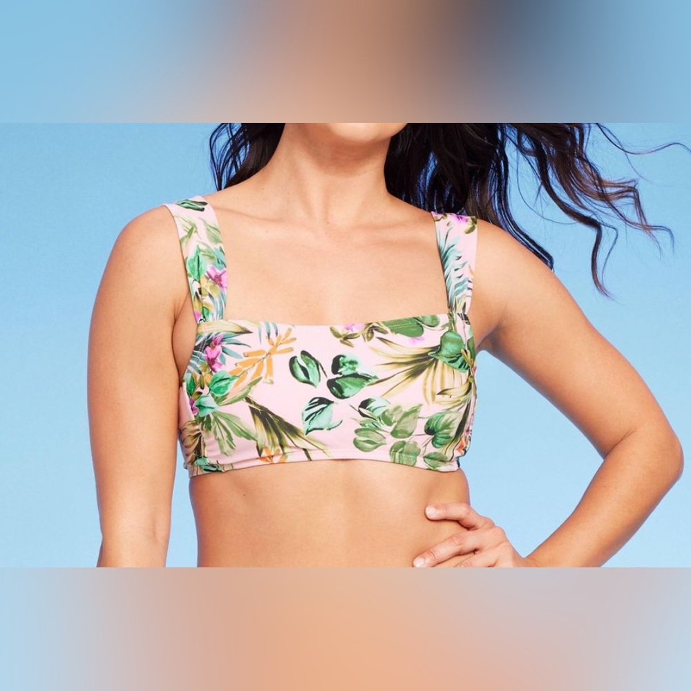 ✨Kona Sol Women's Botanical Floral Print Bikini Top Light Pink Sz L (12/14)